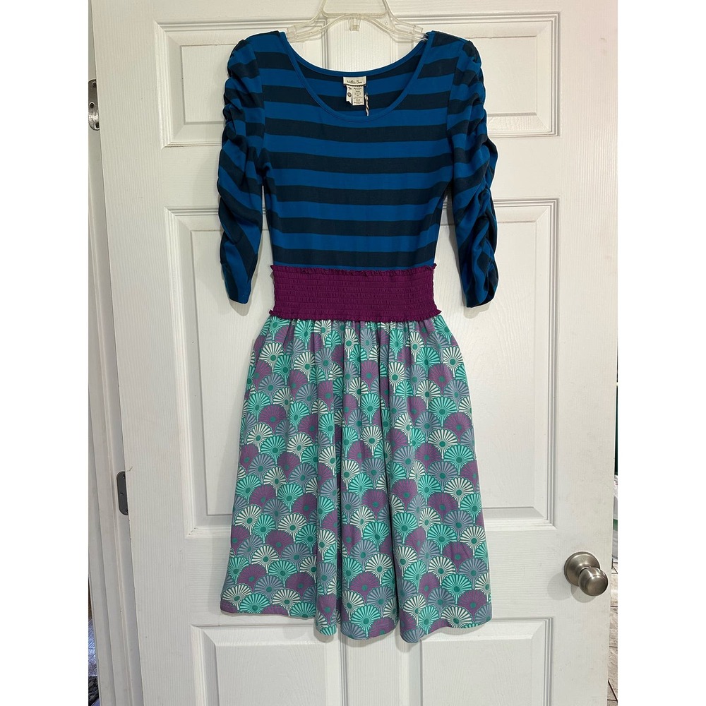 Matilda Jane Dress blue strips ruched sleeves shirred waist Girls Medium NWT